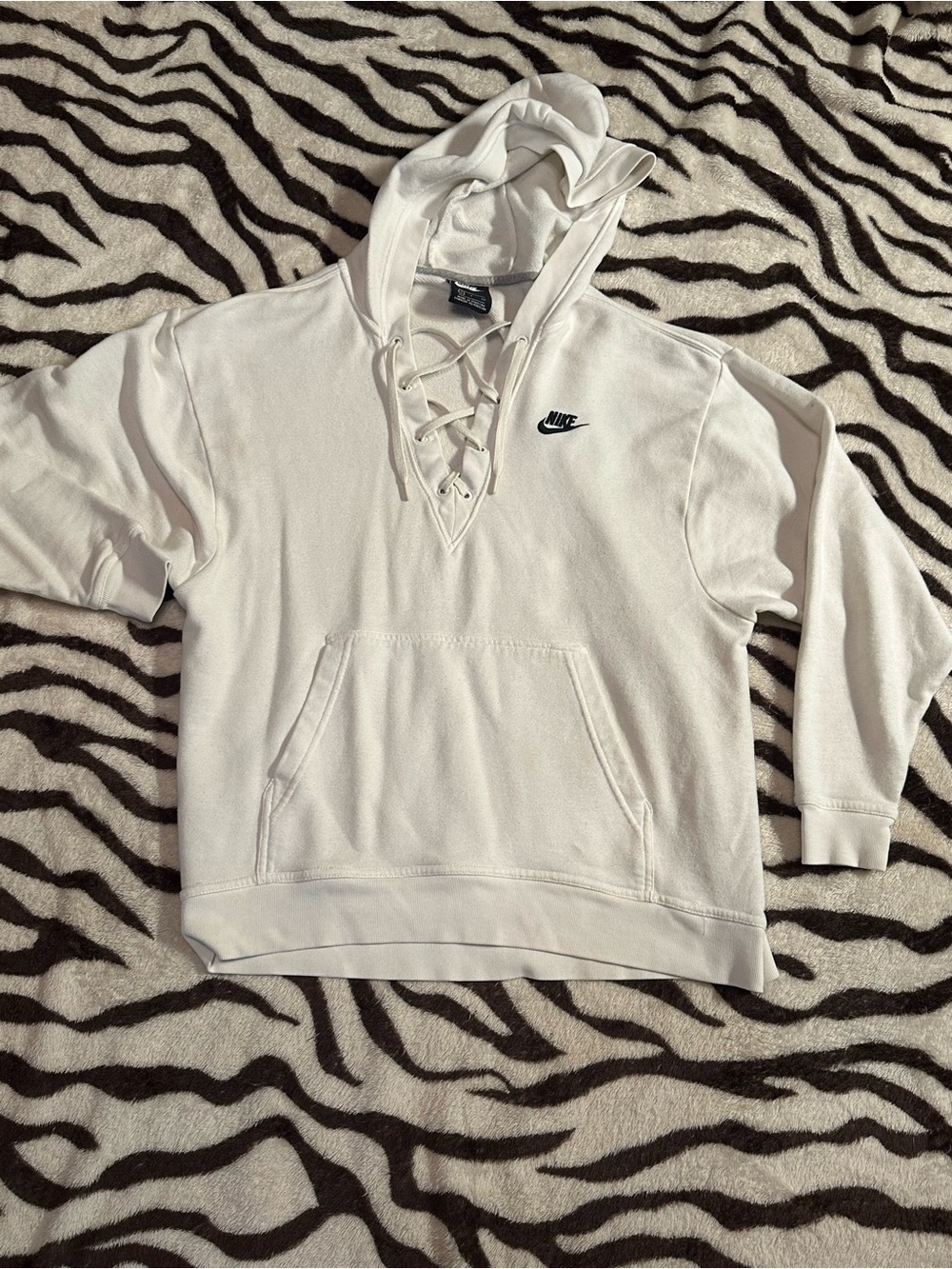 Nike White Lace-Up Hoodie with Black Swoosh